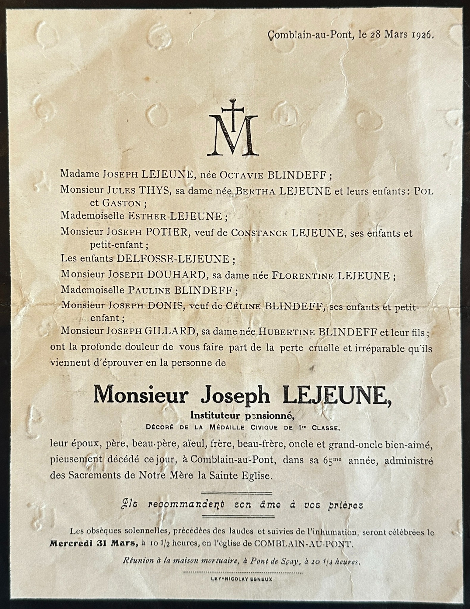 Faire-part de Joseph Lejeune, 1926
